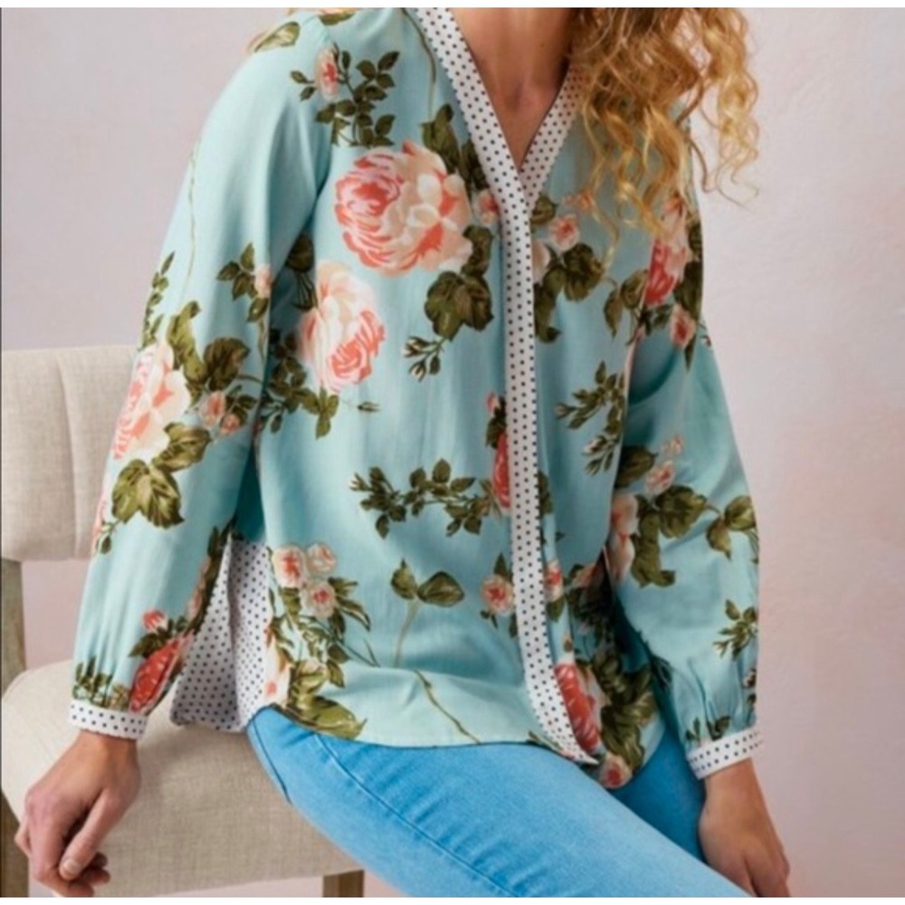 Soft Surroundings Women's Mixed Media Floral Polka Dot Blouse Blue Large 2DW82